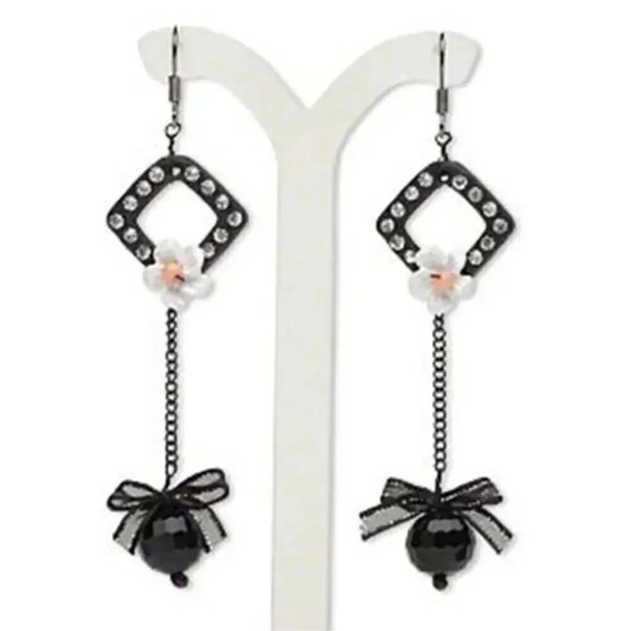 Handmade Gunmetal Crystal Flowers and Bows Kitchen Sink Dangle Earrings - Picture 1 of 1